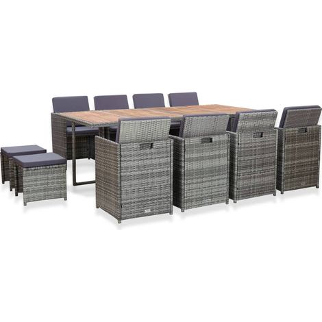 Set comedor jardín 13 pzas ratán sintético y madera acacia gris
