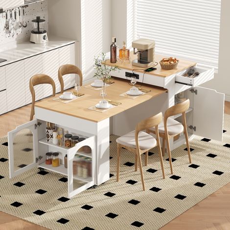 Mesa de cocina extensible con isla, ruedas y enchufes integrados, blanca OKMYHOME (1/5)