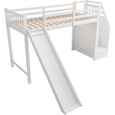 Cama alta infantil 90 x 200 cm con tobogán y escalera con almacenaje blanca (1/5)
