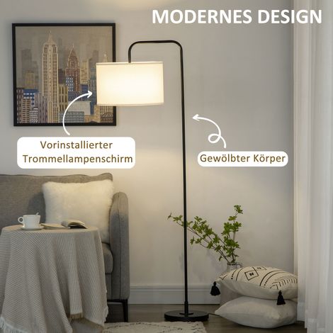 Lampadaire blanc avec interrupteur au pied, abat-jour en tissu et structure en acier