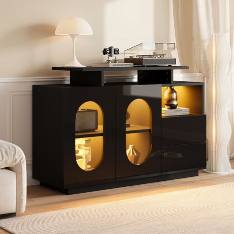 Aparador salón multifunción con LED negro brillante OKMYHOME (1/5)