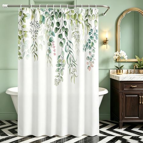 Rideau de douche,120x200 cm,Motif feuilles vertes,Ourlet lesté,Anti-moisissure,Imperméable,Lavable,En polyester,Avec œillets et 8 anneaux pour rideau de douche,Pour salle de bain, baignoire (1/5)