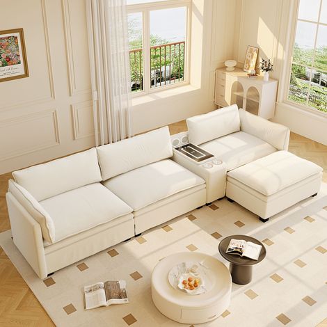 Canapé d'angle panoramique 315 cm en chenille, canapé modulable avec rangement, ottoman, recharge sans fil, LED, haut-parleurs, 2 porte-gobelets, Beige/Blanc (1/5)
