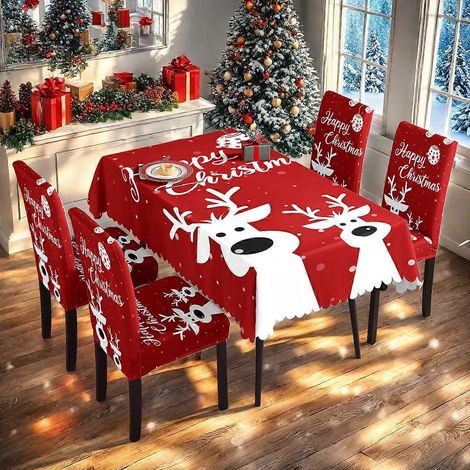 Ensemble complet de nappe et housse de chaise de Noël Père Noël TC-154 (nappe imperméable 140 x 210 cm + 4 housses de chaise) (1/4)