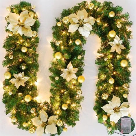Guirlande Noël avec lumières LED, 2,7 m Couronne de Noël artifice en rotin et Suspendre pour porte d'entrée, cheminée, escaliers, décoration en Noël (doré) (1/3)