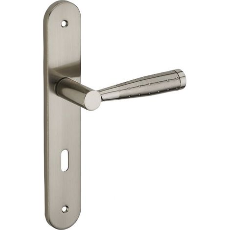 Poignée de porte d'entrée à cylindre – Acier embouti nickelé brossé – Entr'axe 195mm – Dimensions carré 7mm – Béquilles aluminium fondu (1/4)
