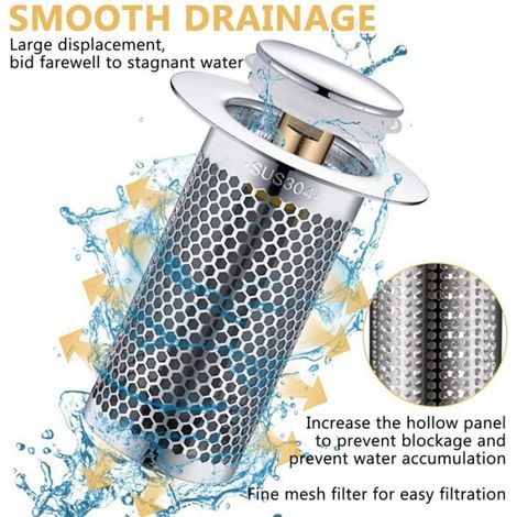 Filtre Lavabo - Bouchon Evier Pop-Up Avec Noyau En Laiton - Pour Drainage Salle De Bain Et Douche - 2 Pièces (1/5)