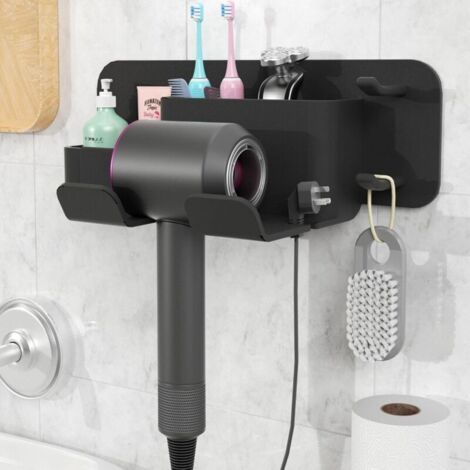Soporte para secador de pelo montado en la pared, sin taladro, soporte de silicona, soporte con compartimentos de almacenamiento y sistema de gestión de cables, accesorio de pared para baño compatible (1/4)