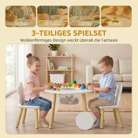 Table enfant avec chaises et rangement, ensemble mobilier 3 pièces blanc et naturel pour salle de jeux et chambre (1/5)
