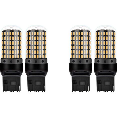 4 bombillas LED para coche 3014 144SMD Canbus T20 7440 W21W para intermitentes, luz de freno, luz de posición, luz de marcha atrás, color amarillo. (1/2)