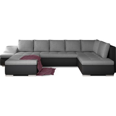 Canapé panoramique convertible JONAZ simili cuir, tissu - Rangement integré A gauche-Noir/Gris-Méridienne A gauche (1/5)