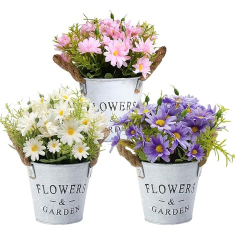 Lot de 3 fleurs artificielles en pot - Marguerites artificielles dans un pot en métal - Mini décoration de plantes pour table, rebord de fenêtre et bureau - Arrangement de plantes (1/5)