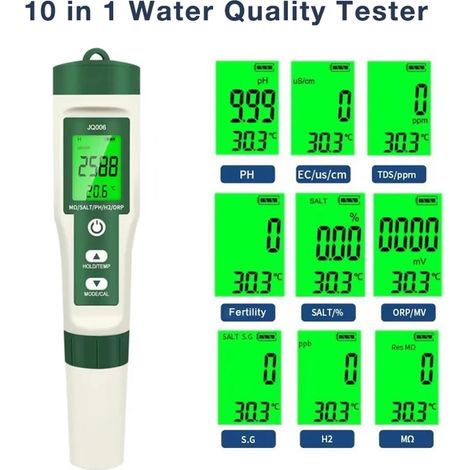 Tester del pH del terreno, tester digitale del pH 10 in 1 per qualità dell'acqua, resistività, fertilità, H2, temperatura, ORP, conduttività, TDS, salinità, SG e (1/4)