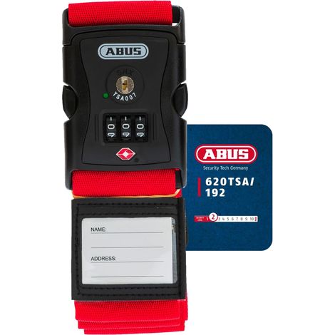 ABUS Sangle à valise avec serrure TSA 620TSA/192 - Sangle à valise avec code numérique à 3 chiffres - Badge inclus - rouge