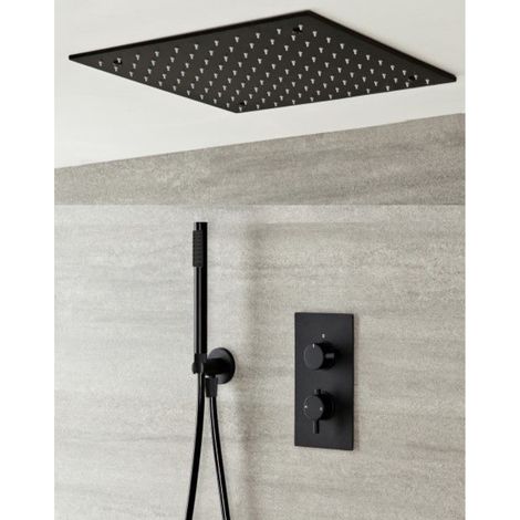 Milano Nero Black Concealed Twin Diverter Thermostatic Mixer Shower Valve with 400mm Square Ceiling Mounted Recessed Rainfall Shower Head and Hand Shower Handset Kit