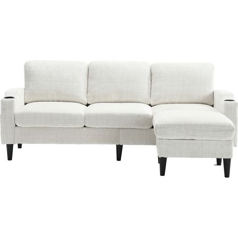 ELVMI Divano 4 Posti con Pouf Contenitore, Portabicchieri e Tasche Laterali, in Ciniglia Beige, 196,5 × 75 × 77 cm (1/5)