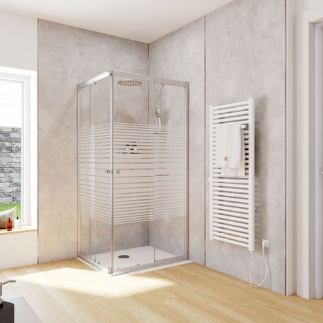 Schulte Duschkabine Corner Eckeinstieg mit Schiebetüren, Montage auf Duschwanne oder Fliese, Glas: 4 mm ESG Sicherheitsglas Dekor Querstreifen, Profil: Silberfarben, Größe: 75 x 90 x 180 cm (1/5)