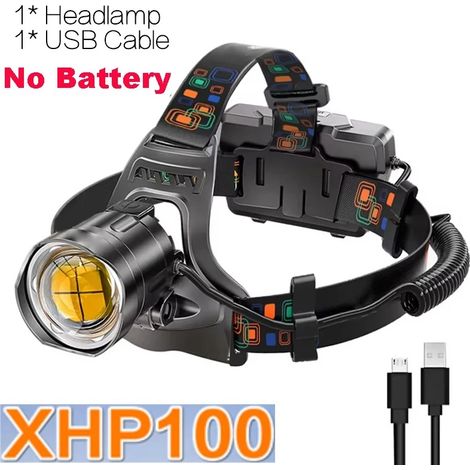 Lampe frontale LED XHP100 puissante et zoomable, rechargeable par USB, étanche, avec batterie 18650 ultra-lumineuse (sans pile). (1/5)