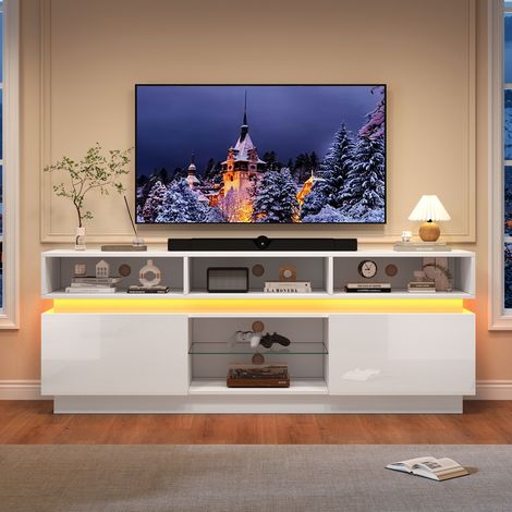 Mueble TV LED blanco 160 x 35 x 60 cm en MDF y vidrio templado, para TV de 60 pulgadas, REDOM (1/5)