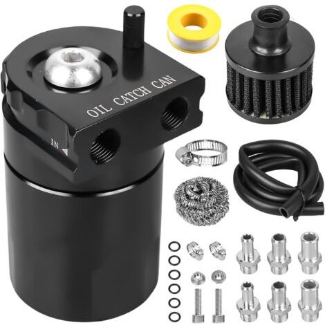 Oil Catch Can Universal 300 ml (noir) – Réservoir séparateur d'huile avec filtre à air et accessoires, réservoir de récupération d'huile en aluminium pour voiture/moto (1/5)