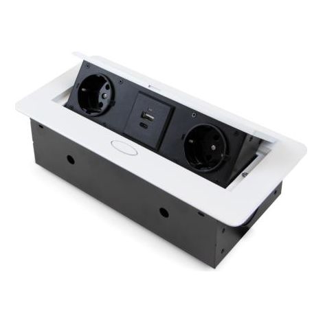 Emuca – Bloc multiprise encastrable 5039812 – 2 prises type F Schuko 3000W – 2 ports USB A et C 5V – Couvercle à soulèvement automatique – Finition blanche