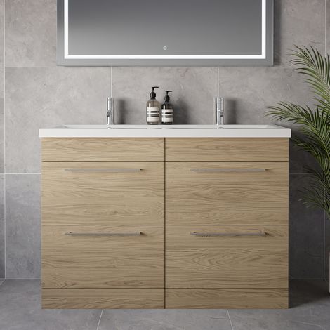 Napoli 390 Light Oak 1200mm 4 Drawer Vanity Unit with Double Glide Basins - 1200mm - Chrome 320mm Handle