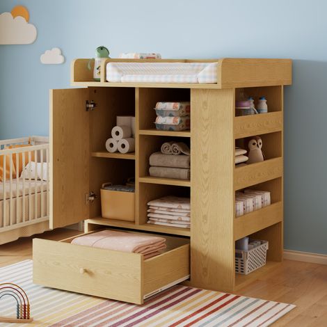 Cassettiera fasciatoio in legno naturale con cassetto, armadio, ripiani e porta-asciugamani (1/5)