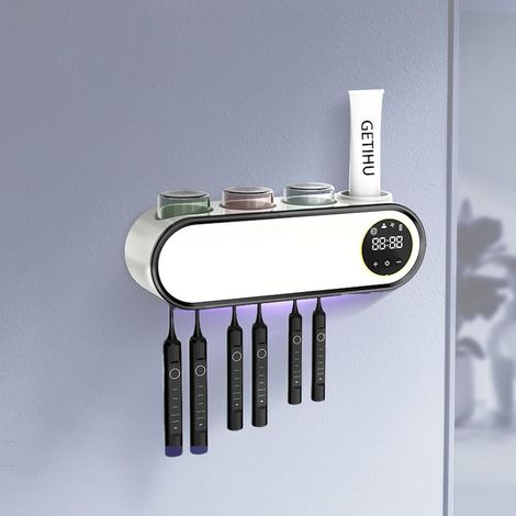 Porte-brosse à dents pour salle de bain, support mural, désinfectant UV et support avec 6 emplacements pour brosse à dents et 3 tasses pour accessoires de salle de bain (1/5)