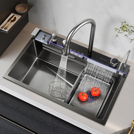 750 mm Évier de Cuisine Encastré Noir avec Mitigeur à Cuve Unique en Acier Inoxydable
