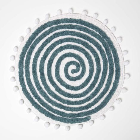 HOMESCAPES Runde Badematte Spiral, 60 cm - Badvorleger petrol mit Pompons, getuftet