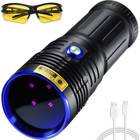 Lampe Torche UV 365nm Blacklight LED Lumière noire ultraviolette Lampe de poche puissante USB rechargeable 50W, Lampe de Wood Détecteur d'urine, Minéraux, Fuite détection, Résin (1/5)