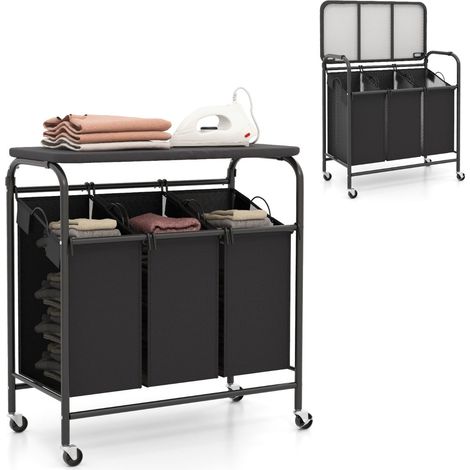 Cesto para ropa con tabla de planchar 80,5 x 41,5 x 87,5 cm gran capacidad 3 bolsas metálicas extraíbles negro y gris 200012973