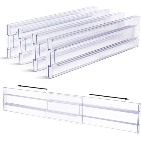 Séparateurs de tiroir - Organisateurs - Lot de 4 - Réglables - Plastique transparent - 30,99 à 55,12 cm