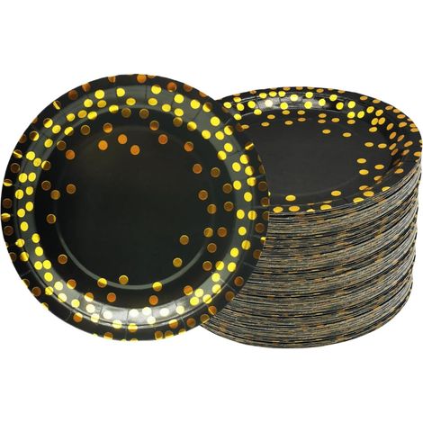Assiettes dorées et noires – Lot de 100 assiettes carton 18 cm, plats en papier, décoration (1/5)