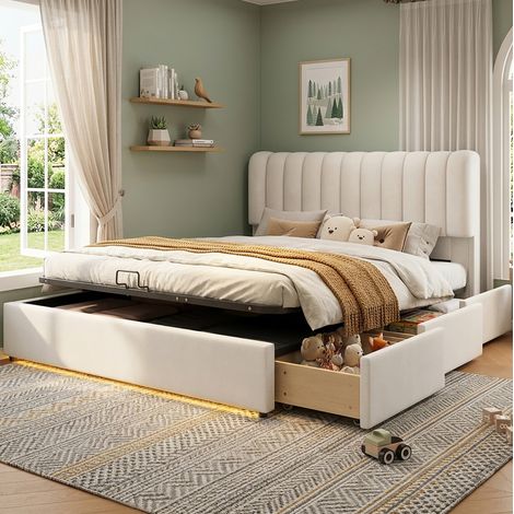 Cama infantil con almacenaje (210.5x141x102 cm), cajón hidráulico, 3 cajones, luz LED, terciopelo beige (1/5)