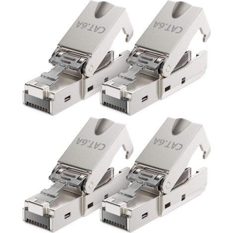 4x CAT 6a RJ45-Netzwerkstecker (werkzeuglos) mit LSA-Anschluss für starre Installationskabel, geschirmtes 10-Gbit/s-LAN-Kabel, Metallgehäuse CAT6a