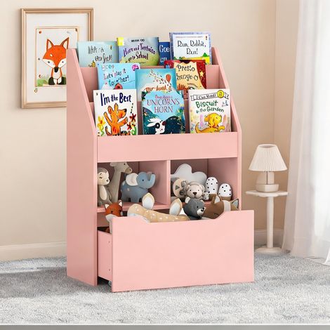 Bibliothèque enfant 3 étagères 2 niches tiroir rose en MDF (1/5)