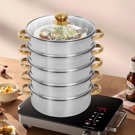 Cuiseur vapeur en acier inoxydable à 5 étages - 28 cm - Avec couvercle en verre - Convient pour plaques de cuisson à gaz, plaques à induction et casseroles électriques en argile, 7L (1/5)