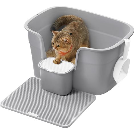 Bac à Litière pour Foyers Multi-Chats, Litière Extra Large avec Paroi Latérale, avec Un Tapis de Litière, Boîte de Rangement, Pelle, pour Grand Chat, Gris Tourterelle (1/5)