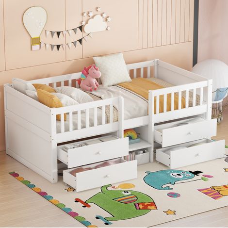 lit enfant rangement 90x200 bois blanc 4 tiroirs OKMYHOME (1/5)