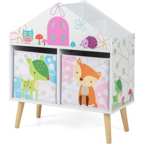 Libreria forma casa bambini scaffale legno 2 contenitori rimovibili gambe legno massello Bianco (1/4)