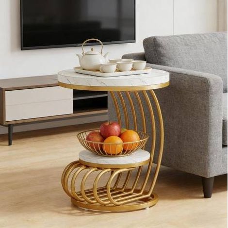 Mesa auxiliar redonda de 2 niveles 50 x 63 cm, efecto mármol blanco y metal dorado DESVIAE (1/5)