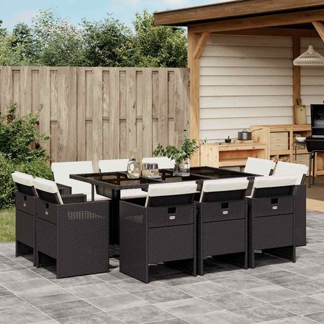 11-tlg. Garten-Essgruppe mit Kissen Schwarz Poly Rattan (1/5)