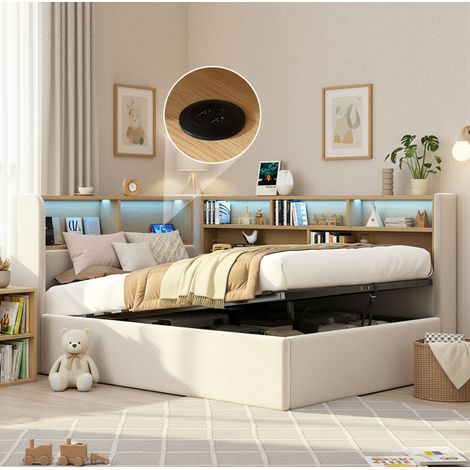 Cama con almacenaje 90x200 cm en terciopelo con LED, USB Tipo-C y respaldo, beige HAVRYA (1/5)