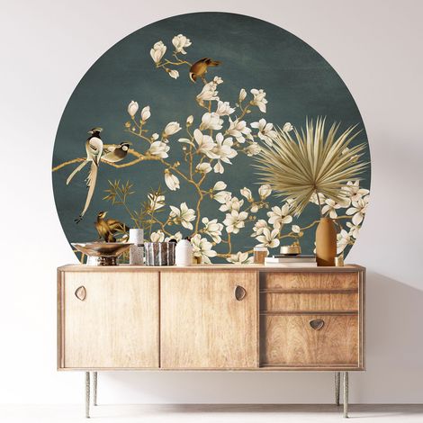 Sticker mural rond / cercle - Fleurs Oiseaux - Diamètre 30 cm - Adhésif MAT (1/3)