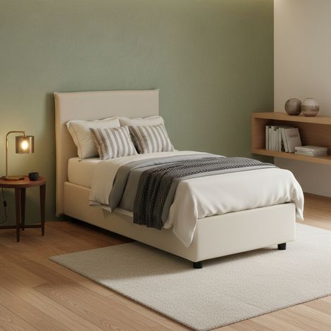 Talamo Italia Lit simple Chelsea, Lit conteneur avec revêtement en tissu, 100% Made in Italy, Ouverture frontale, convient pour matelas Cm 90x190, Beige, avec emballage renforcé (1/5)