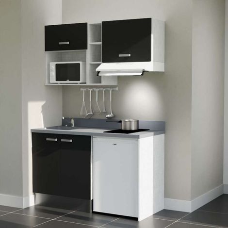 Kitchenette K13L - 140 cm - plan monobloc évier intégré Cromo- évier à gauche - Façades Noir + Electroménager inclus coloris Blanc