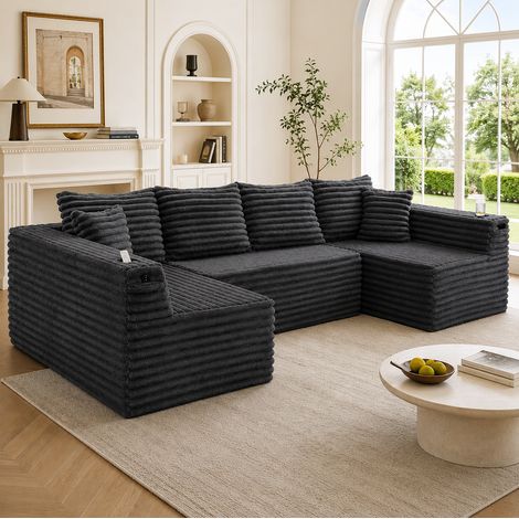 Divano a U 320x155x88 cm, modulare, con portabicchieri, tasca laterale, cuscini inclusi, velluto a coste grigio scuro (1/5)