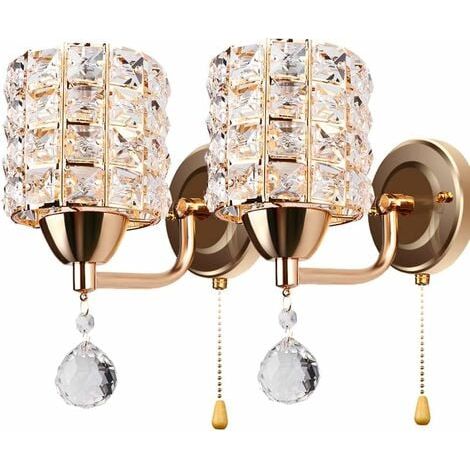2x Moderne Applique Murale en Cristal avec Interrupteur à Tirette, D'or Lampe Murale Chambre à Coucher, allée, prise E14 (Sans Ampoule Incluse) (1/5)