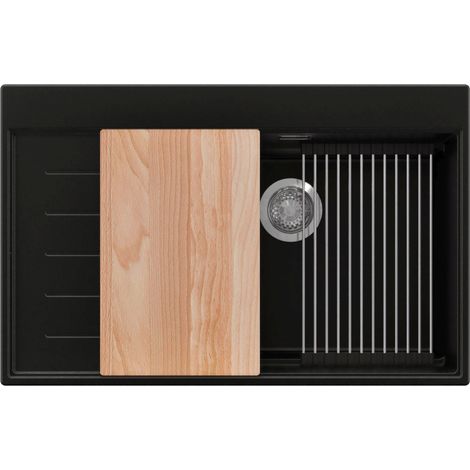 PRIMAGRAN Evier Cuisine en Granit 78x50cm,Lavabo 1 bac + Kit de Vidage + Accessoires, Évier à Encastrer au meuble 60cm - Sydney, Noir